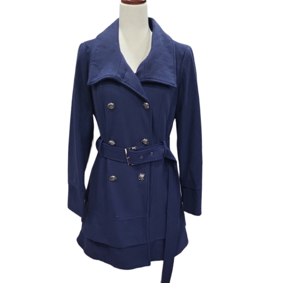 EUC New York Company women's navy blue belted wool blend pea coat wrapcoat layer - Picture 3 of 13